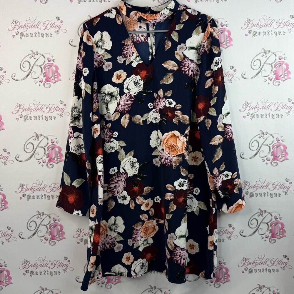 Lord and Taylor dress open neckline, flowers, flowy Floral Long Sleeve Dress